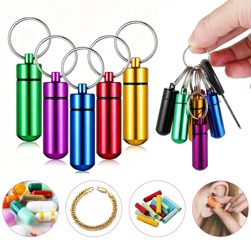 Edc Pill Carry - 1/5個入りアルミニウム製ミニピルボックスキーチェーン – 気密性のある金属製薬箱、EDC、旅行、キャンプ、毎日のサプリメント持ち運びに最適 TMZ