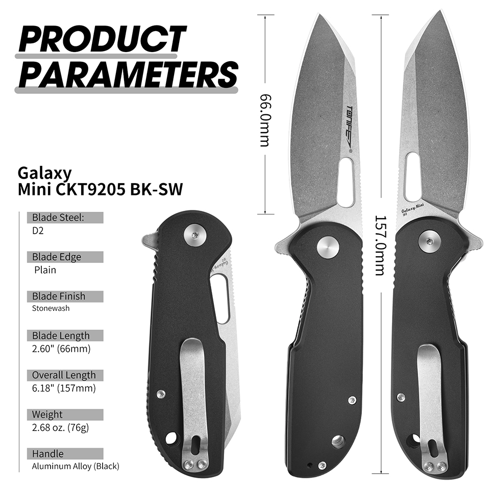 Edc Concealed Carry Knife - TONIFE Galaxy Mini CKT9205 折りたたみナイフ、D2 スチールブレードとアルミニウムハンドル付き、キャンプや日常持ち運び用の