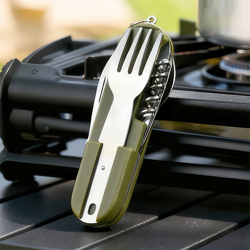 Pocket Knife Ceramic - 新しいステンレス鋼 7In1 キャンプカトラリーセット - ピクニックハイキング用フォークスプーンナイフ付き折りたたみ式多機能アウトドア食器