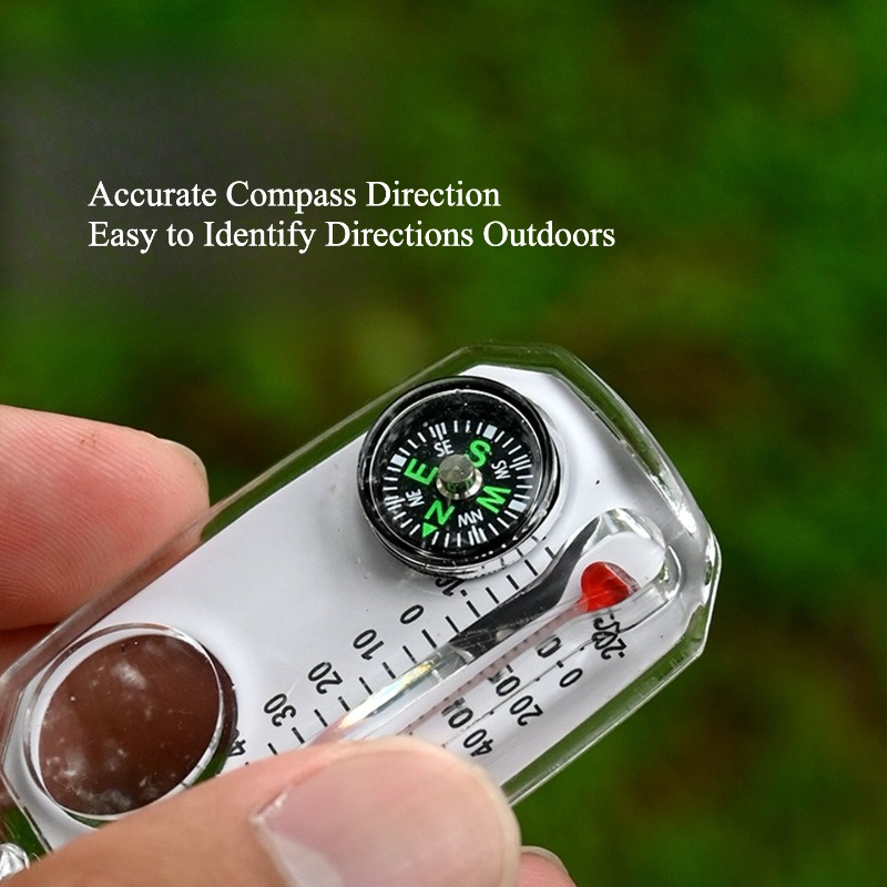 Compass Keychain Mini - アウトドアサバイバルコンパスキーホルダー、温度計と拡大鏡付きポータブルミニコンパス