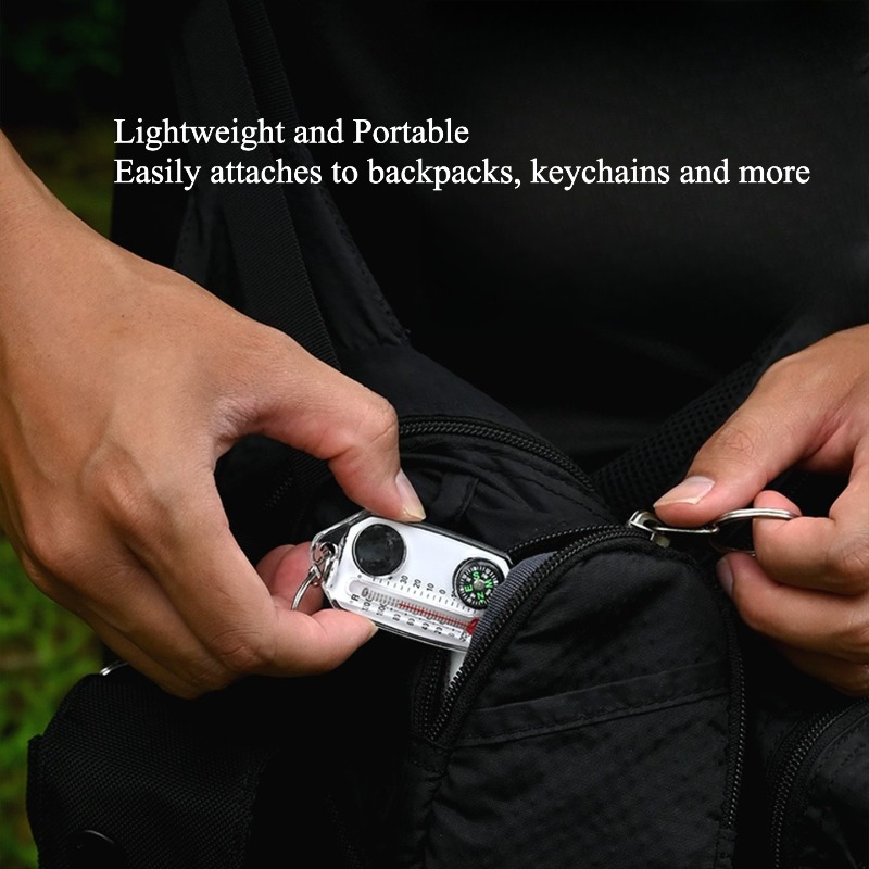 アウトドアサバイバルコンパスキーホルダー、温度計と拡大鏡付き - Compass Keychain Mini のレビューと価格